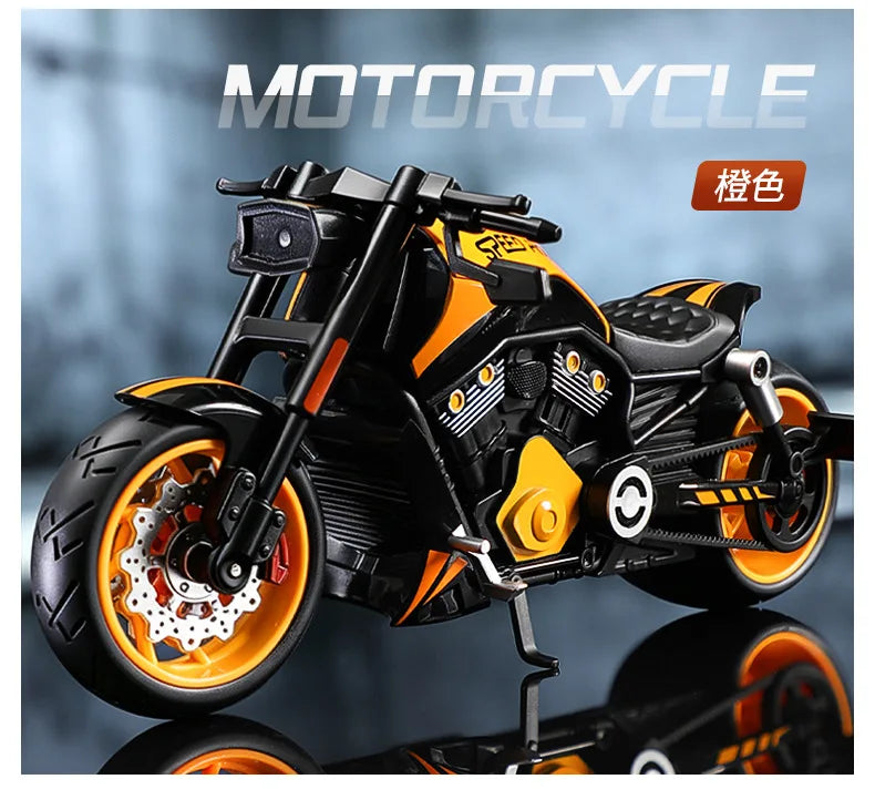 A black and orange vintage die-cast motorcycle model is shown in a studio setting.