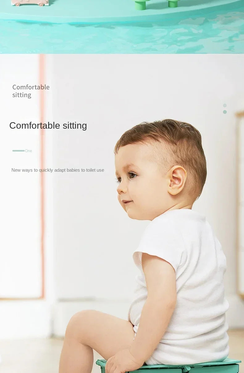 A baby is sitting in a white foldable potty training seat for comfortable sitting.