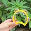 Una mano sostiene un tambor de percusión amarillo con cascabeles plateados contra un fondo verde y frondoso.
