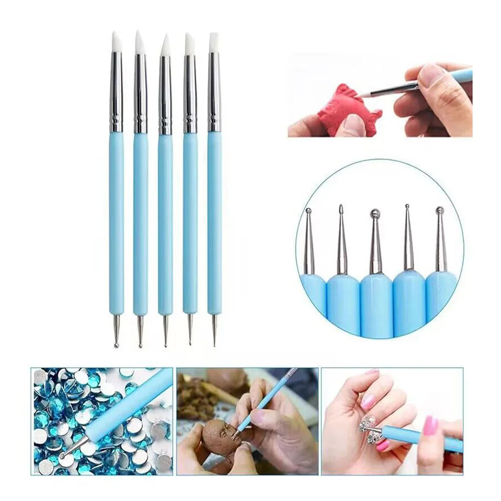 A set of five double-ended silicone dotting pens used for nail art, clay, and pottery sculpting.