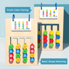 A wooden matching game showing front color pairing and back shape matching for kids
