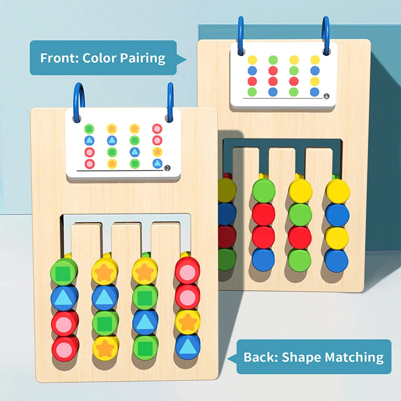 A wooden matching game showing front color pairing and back shape matching for kids