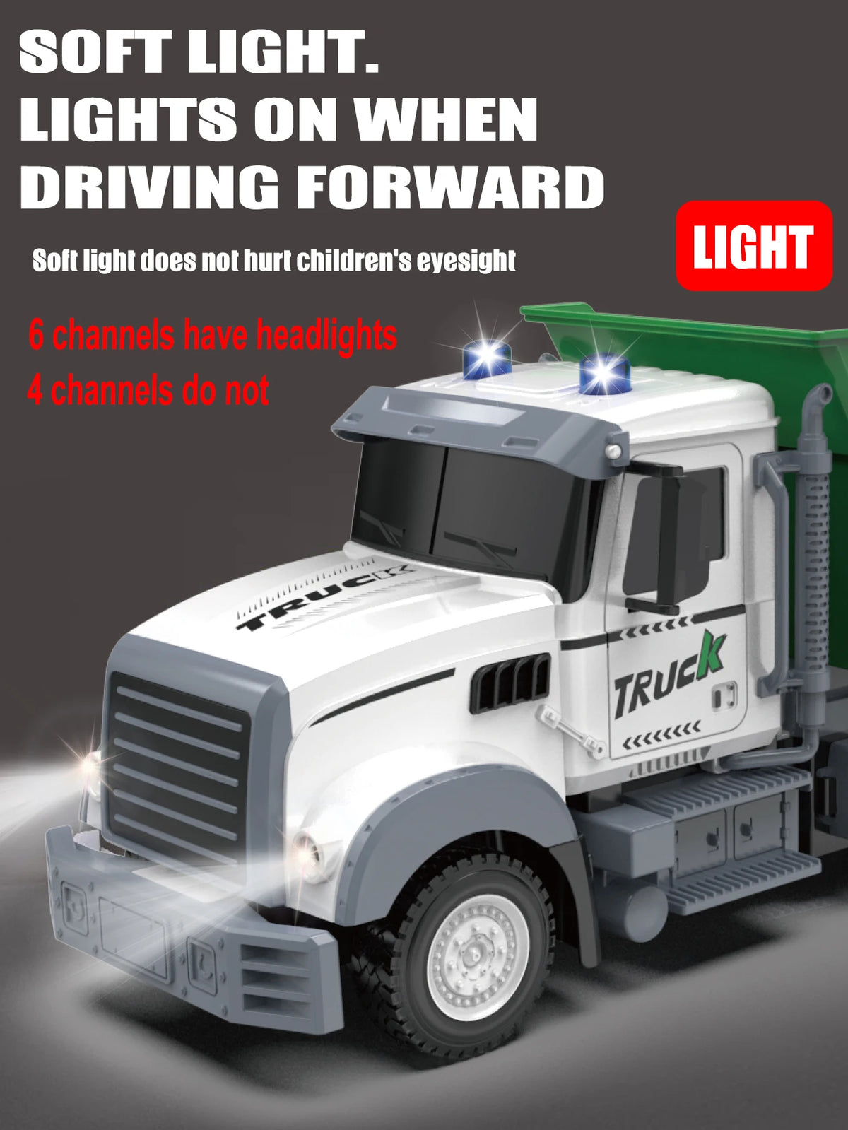 A white truck model with soft light features on when driving forward, showing various headlight channels.