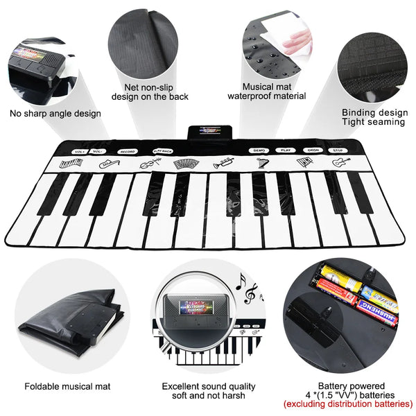 Musical piano keyboard mat for kids showing various features like non-slip design and folding capability