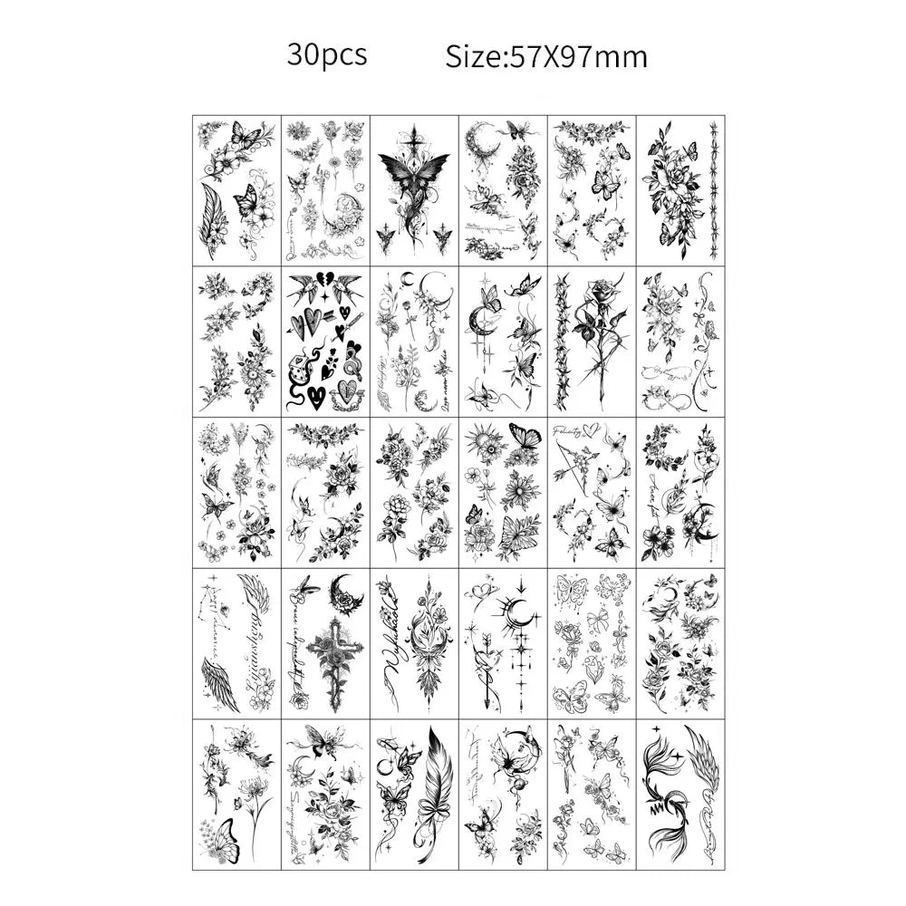 A grid of 30 temporary tattoos featuring various intricate designs for kids and adults.