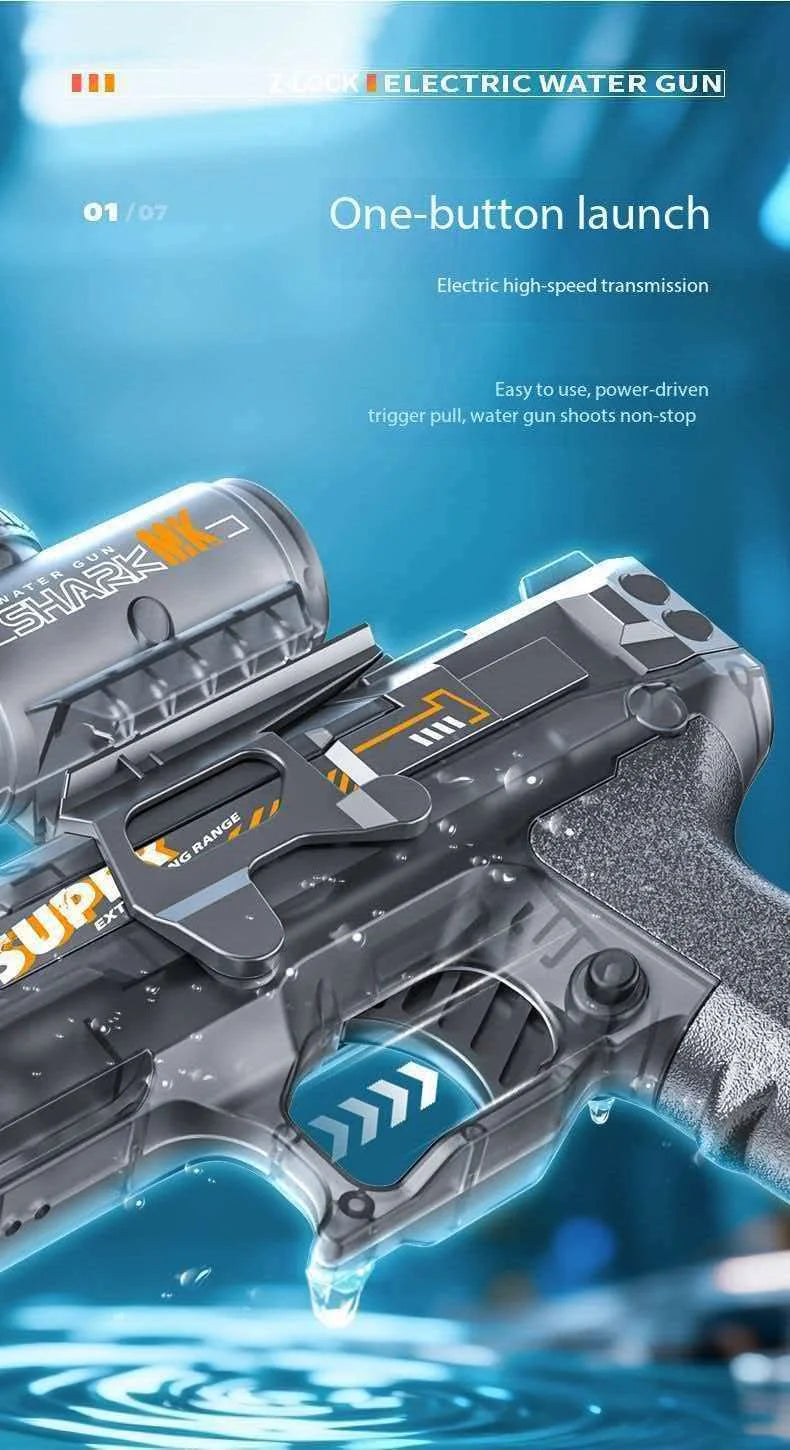 Close-up of a silver electric water gun with a black grip, showing the trigger mechanism and water spray.