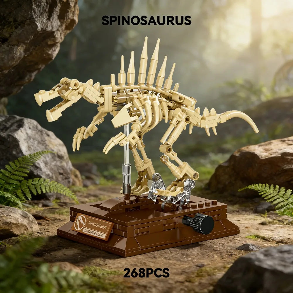 A detailed model of a Spinosaurus dinosaur built from light tan plastic blocks displayed on a brown base.