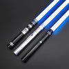 A blue lightsaber toy with a metal handle and rechargeable battery is shown against a dark background.