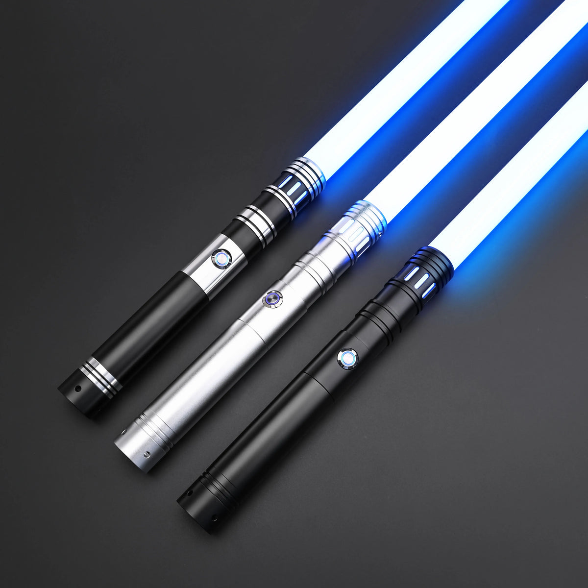 A blue lightsaber toy with a metal handle and rechargeable battery is shown against a dark background.