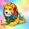 A detailed model of a majestic lion built from colorful micro building blocks, shown in a side view.