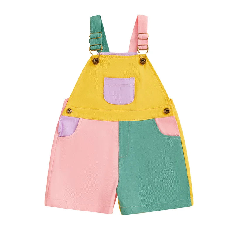 A yellow and pink summer contrast color overalls romper for toddlers with green accents.