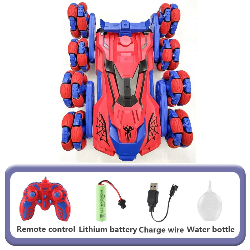 A red and blue remote control stunt car with lights and spray effect, shown next to its battery charger and water bottle.