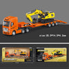 A die-cast toy model of a yellow HULIA excavator mounted on an orange truck.