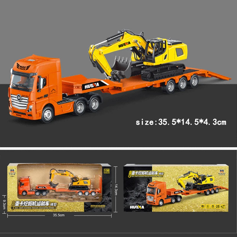 A die-cast toy model of a yellow HULIA excavator mounted on an orange truck.