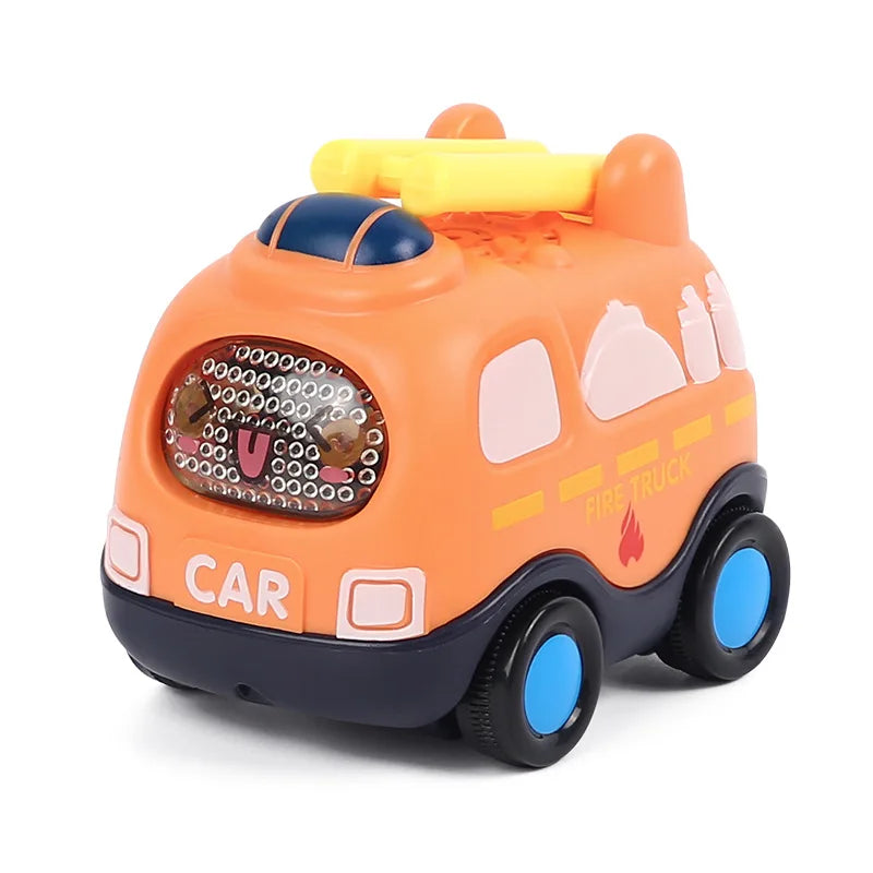 An orange and blue soft rubber push and go toy car with a yellow handle and fire truck theme.