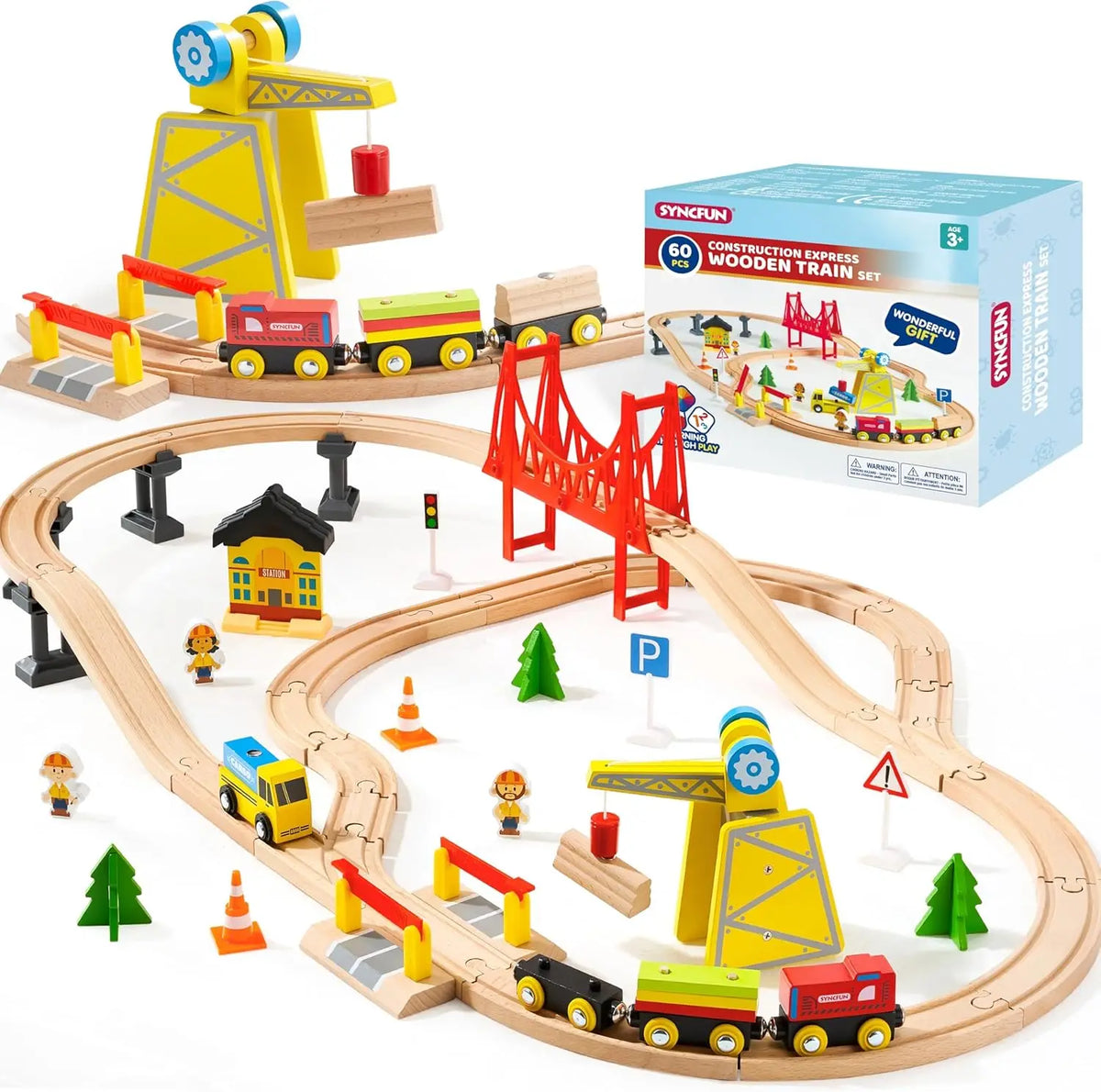 A wooden train set featuring a yellow construction crane, various trains, and a city scene on a curved track.