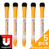 Five orange magnetic dry-erase whiteboard markers in various sizes and tips
