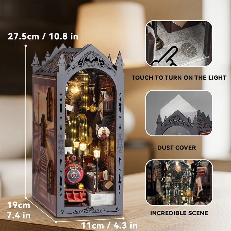 A wooden book nook kit featuring an intricate scene with LED lights and a dust cover.