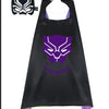 Black superhero cape and mask set featuring a purple stylized cat or feline head design
