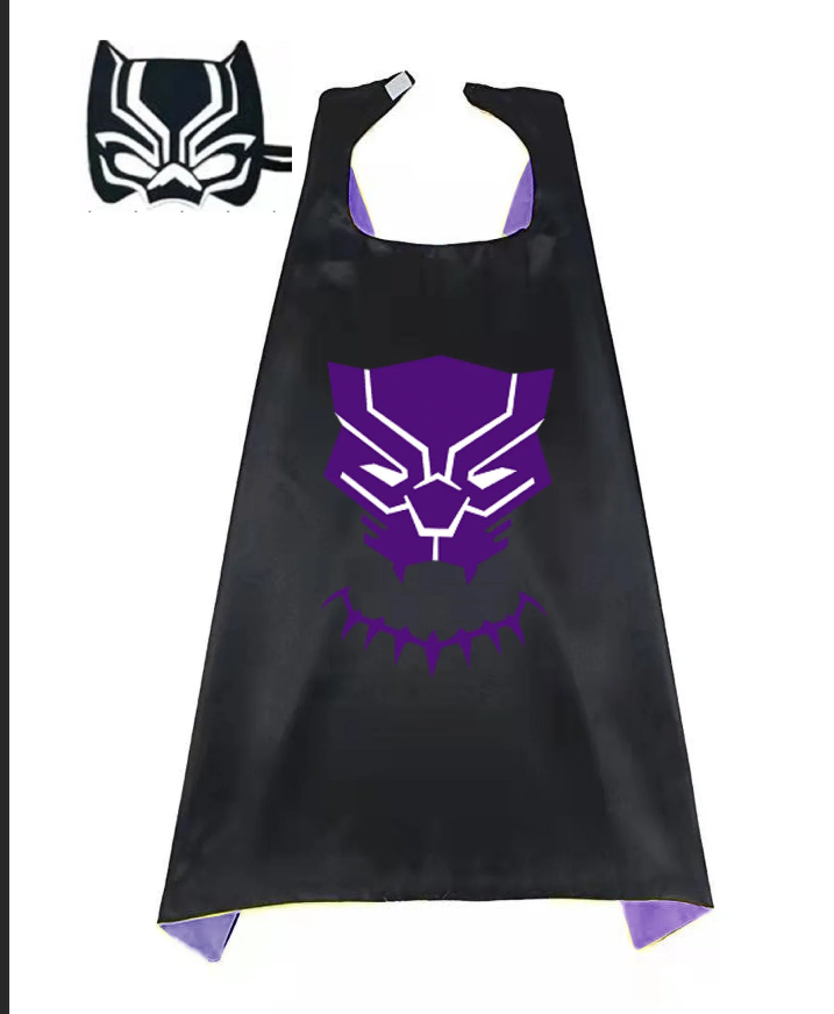 Black superhero cape and mask set featuring a purple stylized cat or feline head design