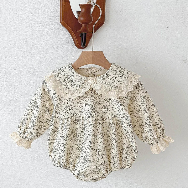 Baby Girls Lace-Trim Cotton Romper with Floral Details
