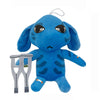 A blue plush toy of an elephant with large ears and a gray accessory piece.