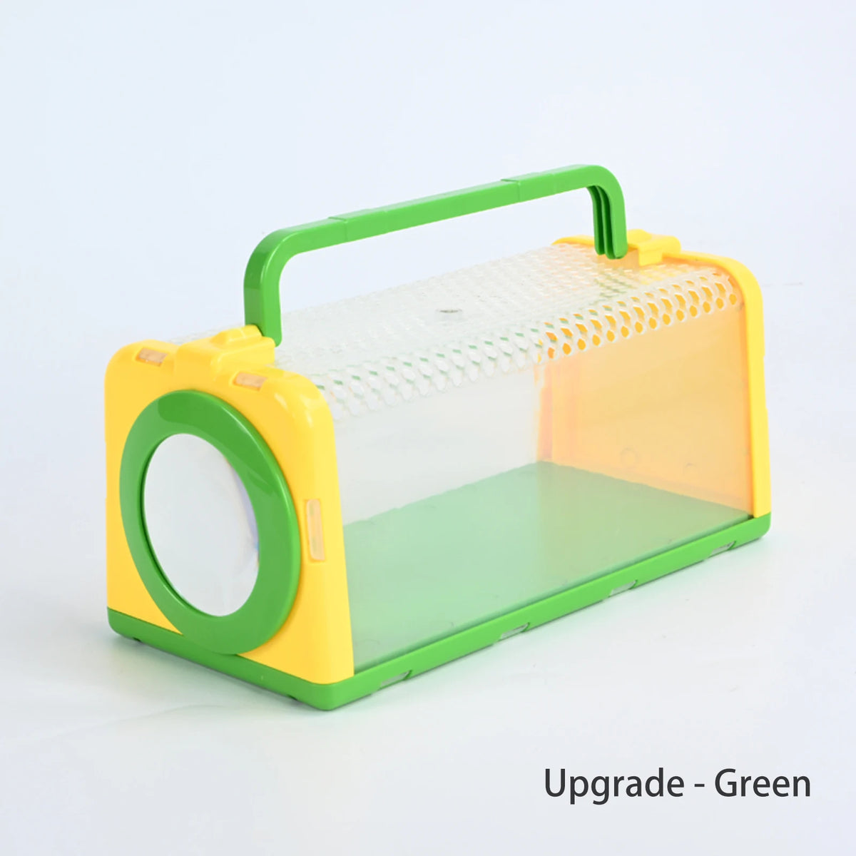 A yellow and green plastic insect catcher with a mesh observation cage and a handle.