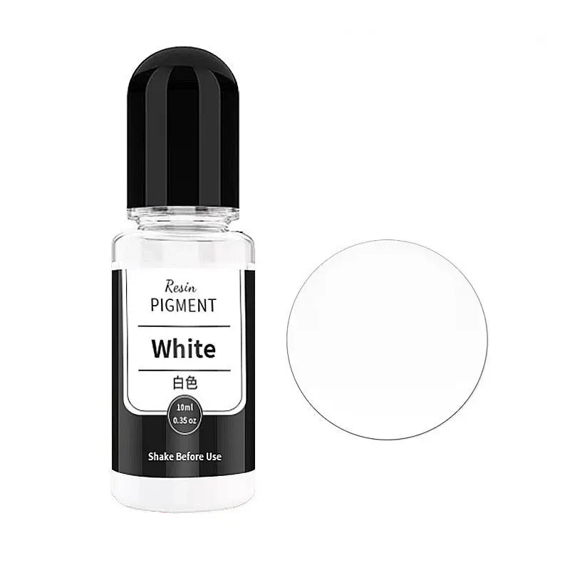 A glass bottle of white resin pigment with a black cap and label for epoxy resin and jewelry making.