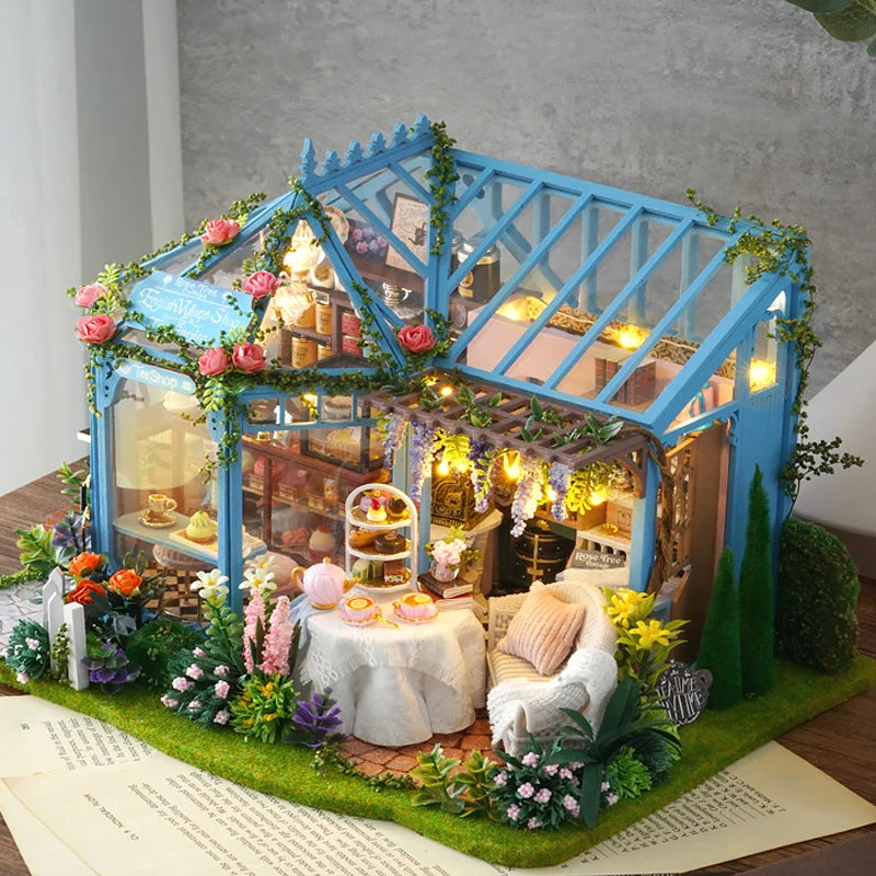 Wooden Dollhouse Kit with Furniture and Lighting