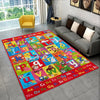 A colorful alphabet rug featuring cartoon letters and words for a kids playroom or educational area.
