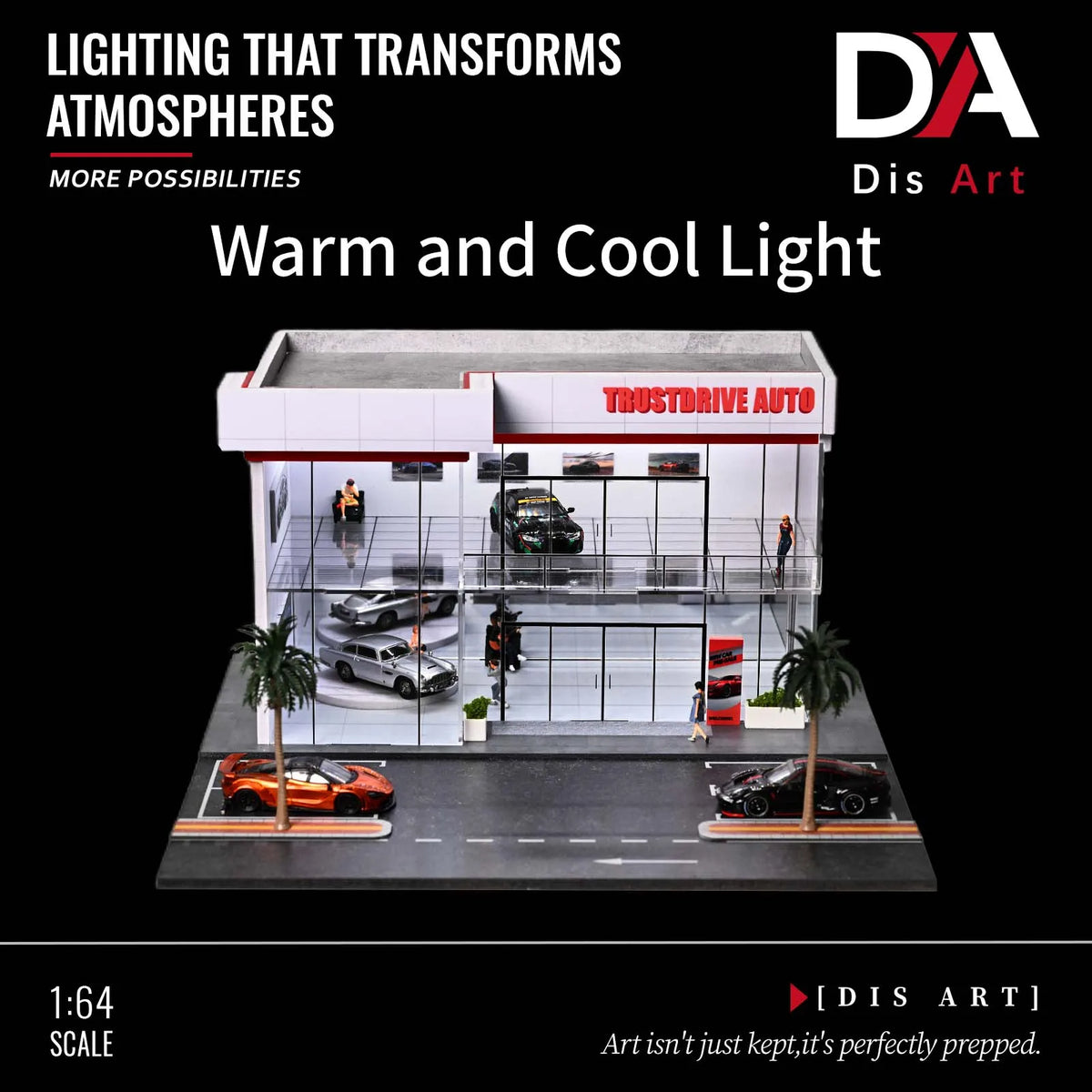 A 1:64 scale model of a two-story car showroom and parking garage display case with cars inside.