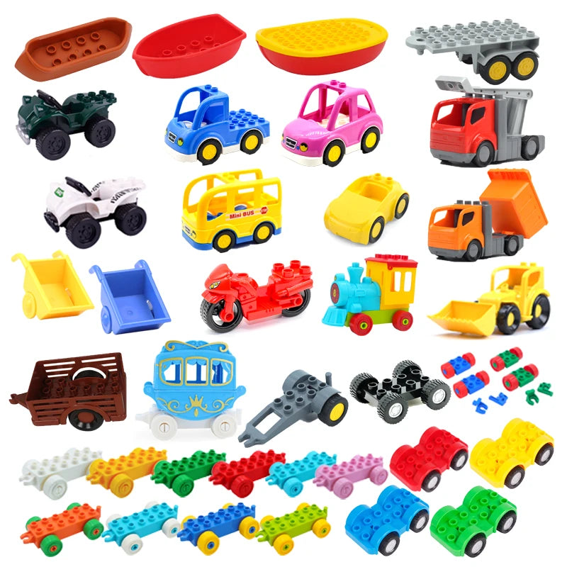 A collection of colorful city traffic building blocks featuring various vehicles and a trailer.