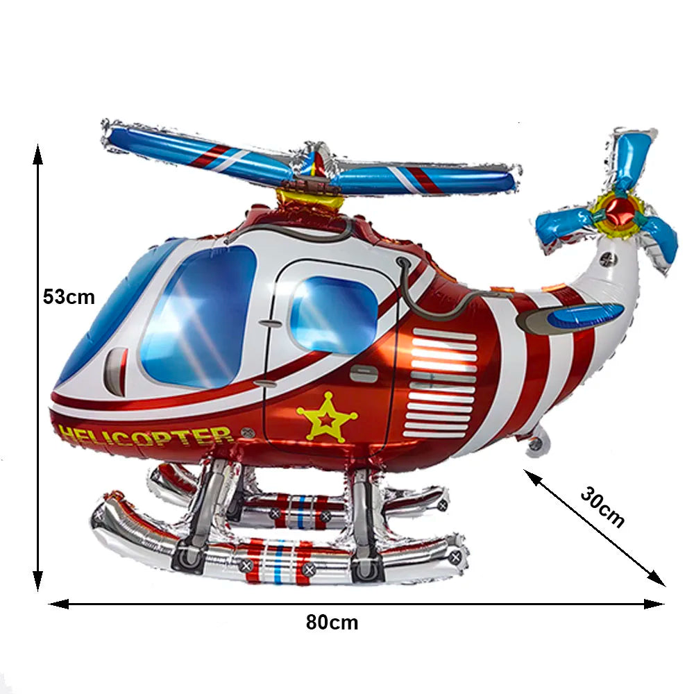 A realistic foil balloon model of a helicopter with blue and red accents for party decoration