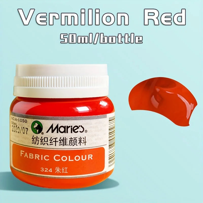 A bottle of Vermilion Red fabric colour paint with an orange cap and a swatch of the red paint.