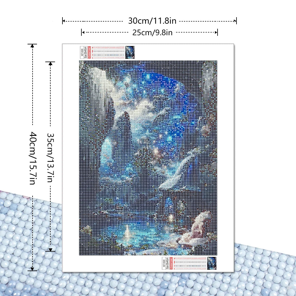 A square diamond painting kit featuring a scenic landscape with blue and white tones.