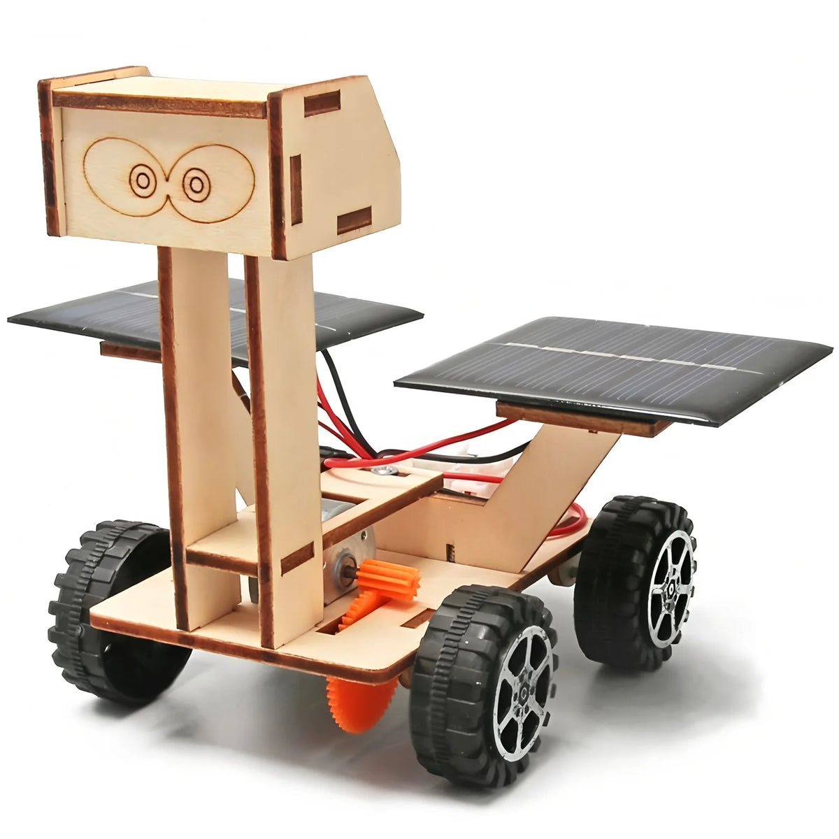 A wooden model kit of a solar-powered lunar rover featuring a chassis, wheels, and solar panels.
