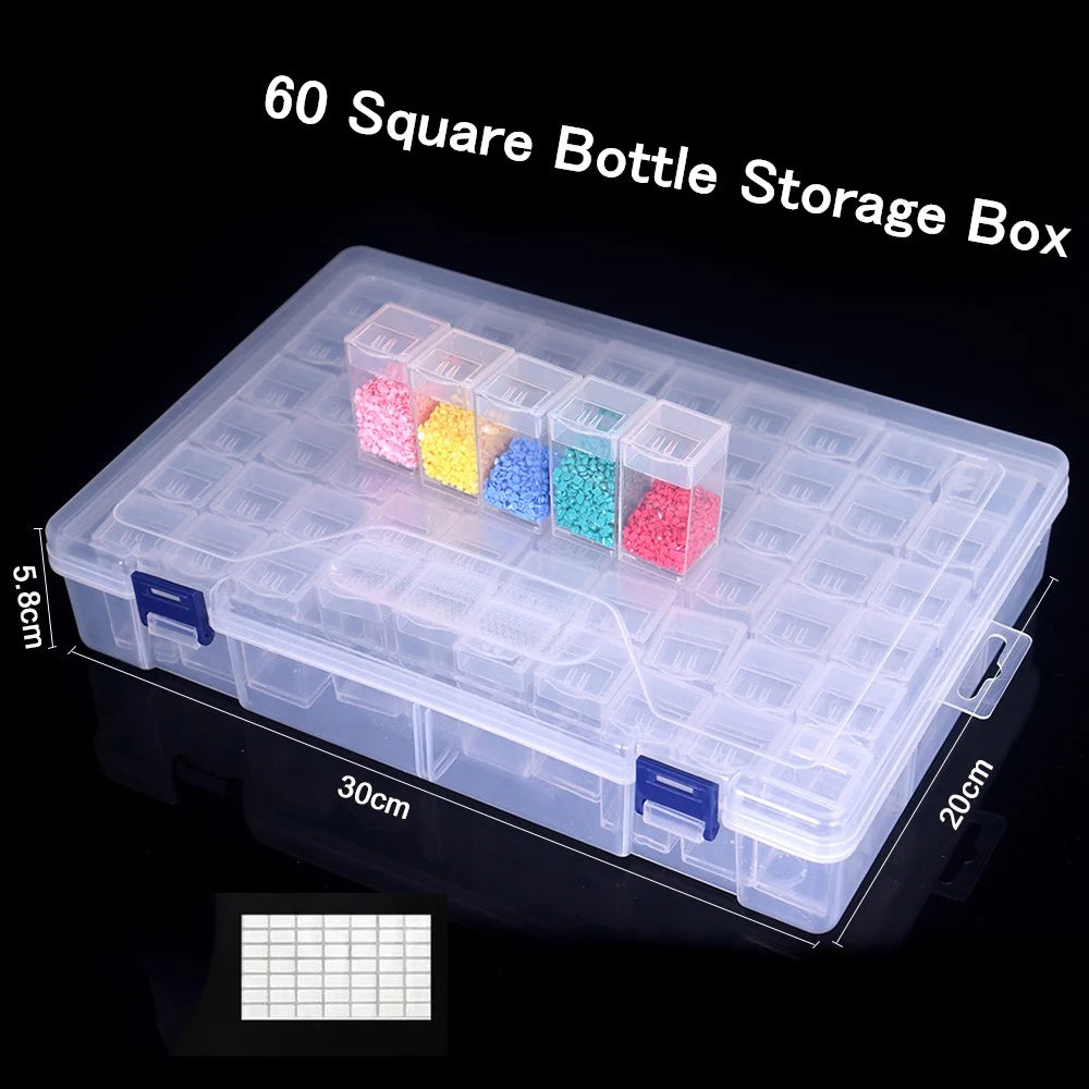 A transparent storage box with 60 square bottle compartments for storing crafts, beads, and jewelry.