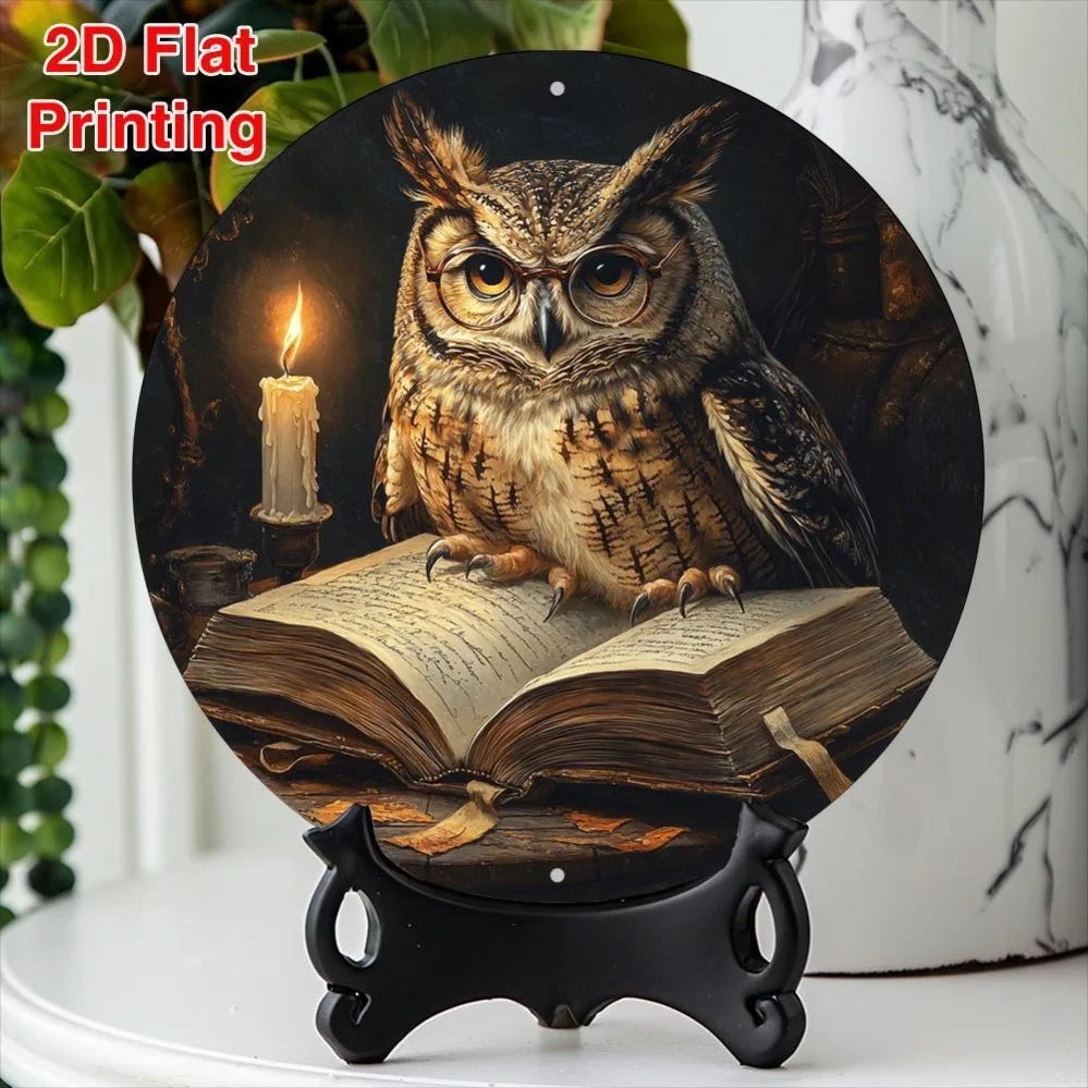 Rustic aluminum owl and open book round wall sign featuring a detailed owl illustration.