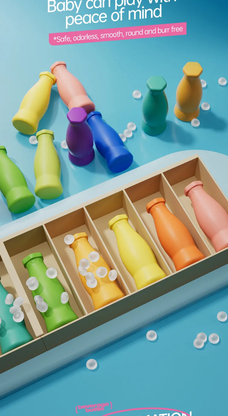 A colorful board game featuring plastic bottles of various colors and shapes for a guessing game.
