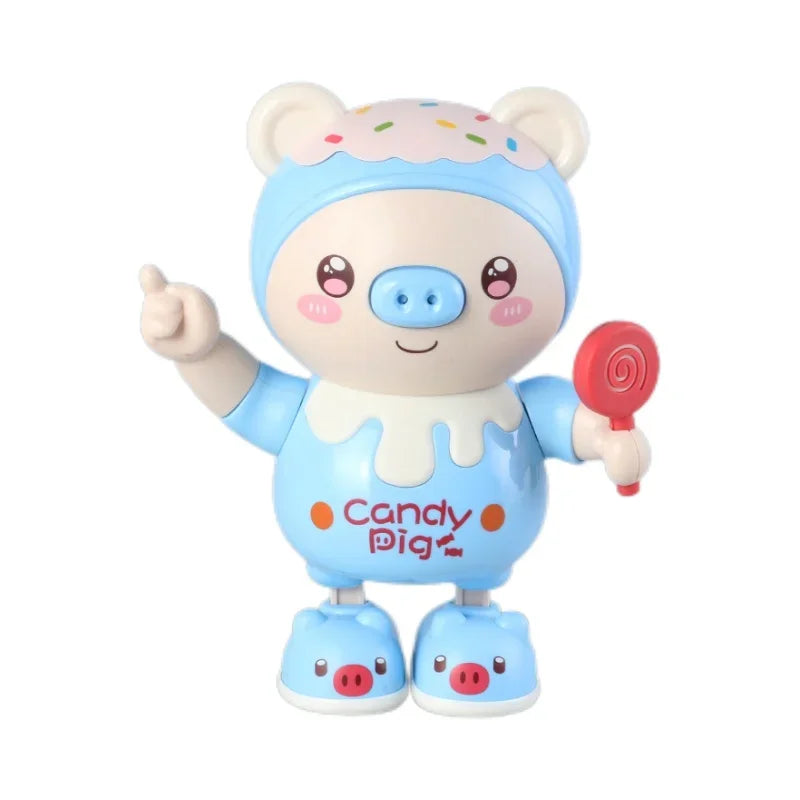 A cute, light blue pig toy with pink accents and a red lollipop, designed for interactive play.