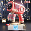 A pink electric bubble machine toy is shown, with bubble particles floating around it.