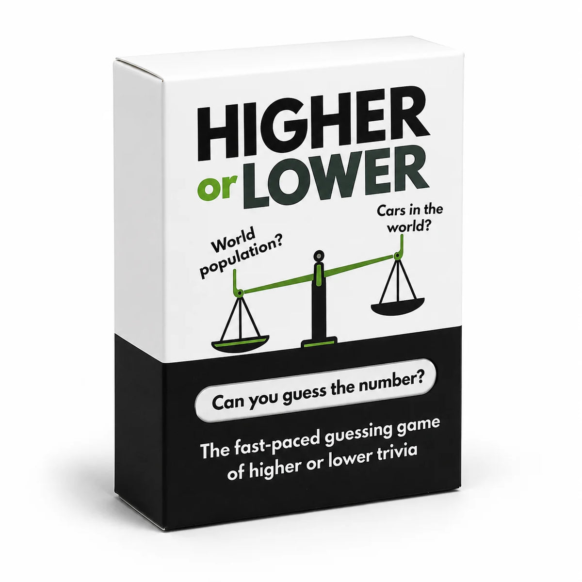 A box for a Higher or Lower trivia card game featuring a scale balancing cars in the world.