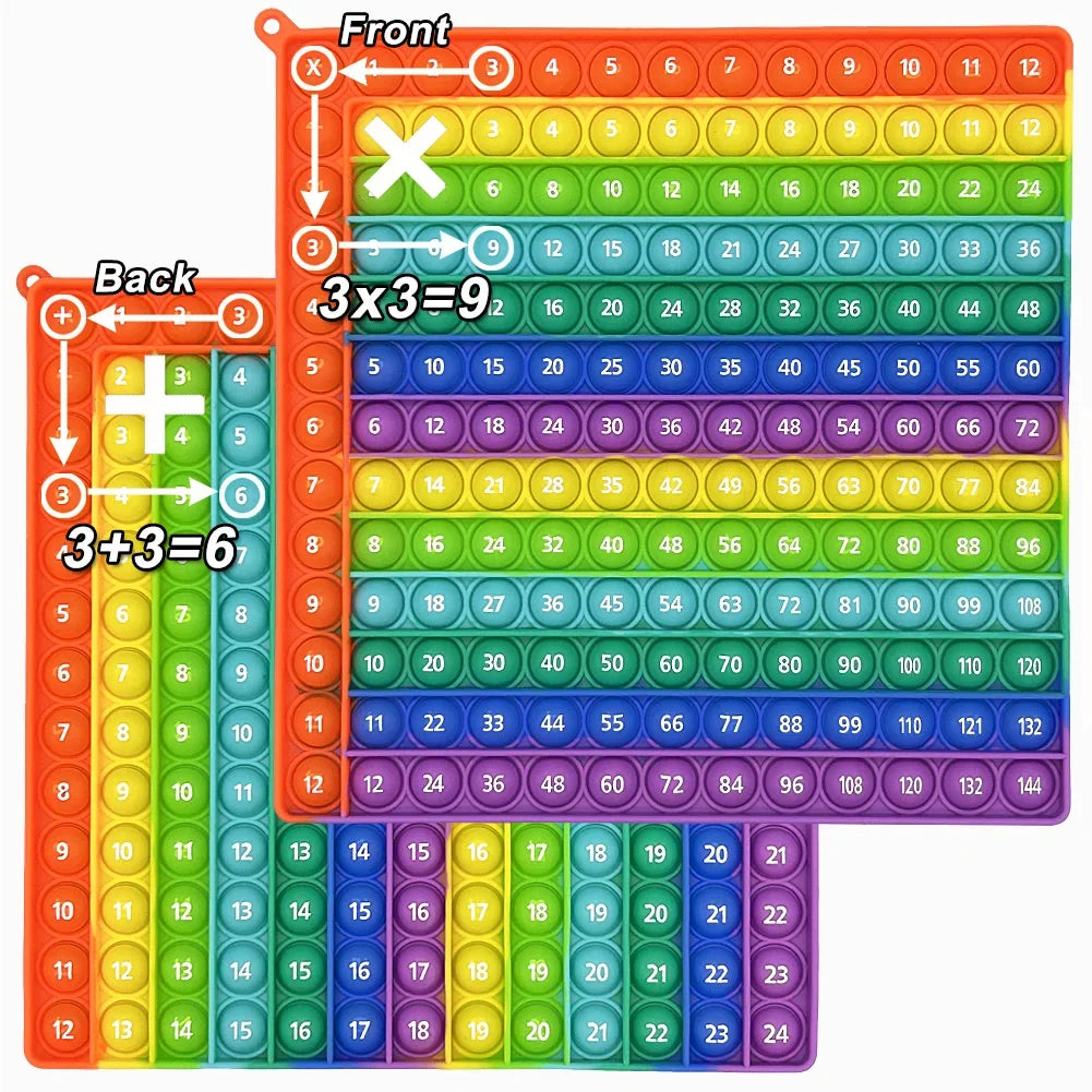 A set of colorful wooden tiles used for multiplication and addition fidget toys, showing both front and back sides.