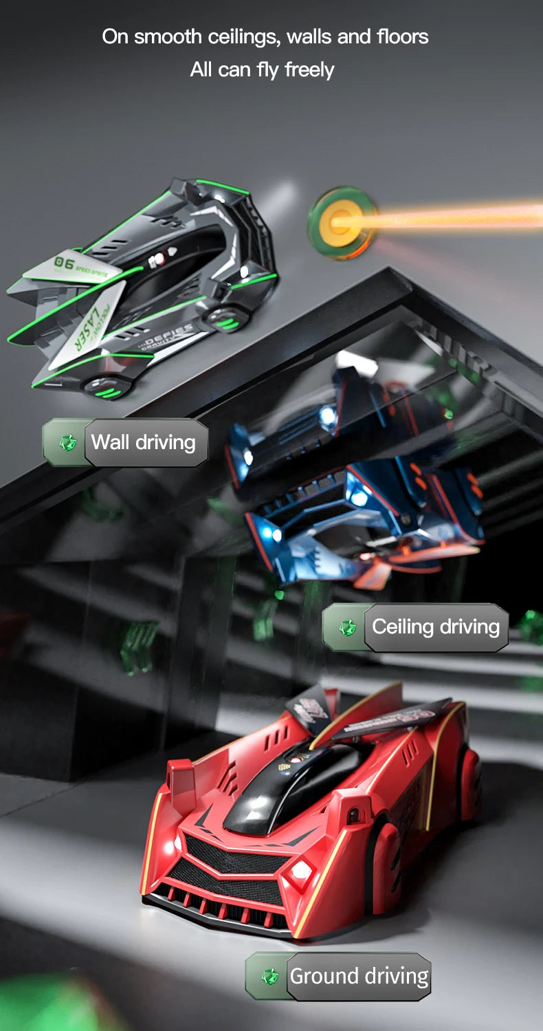 A red infrared sensor RC car is shown demonstrating wall driving, ceiling driving, and ground driving capabilities.