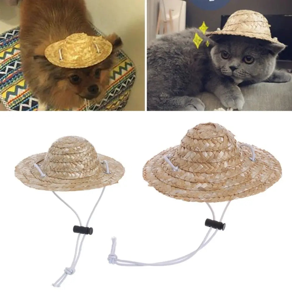 Adjustable Woven Straw Pet Hat for Small Dogs and Cats