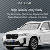 A white BMW model car is shown in a studio setting, highlighting the high quality alloy body material.
