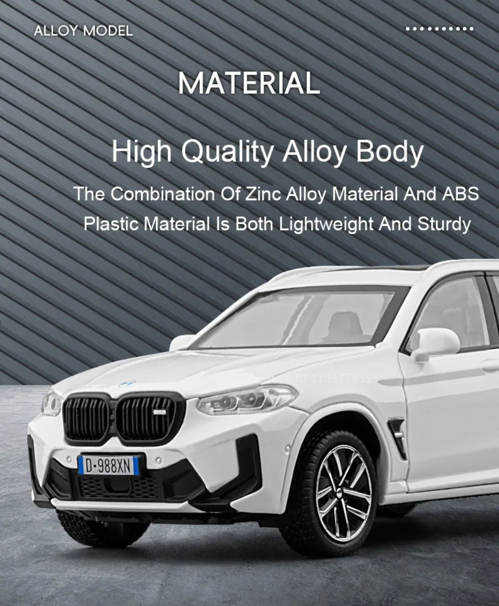 A white BMW model car is shown in a studio setting, highlighting the high quality alloy body material.