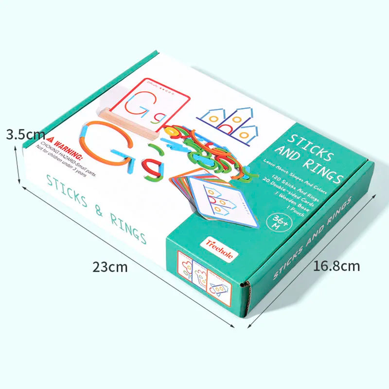 A box of wooden sticks and rings puzzle for early learning, showing colorful pieces and instructions.