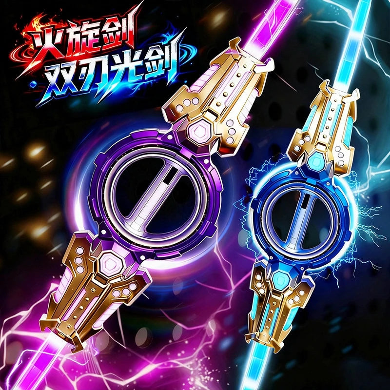 A pair of glowing light swords with gold and blue accents, featuring fire effects and a circular blade design.