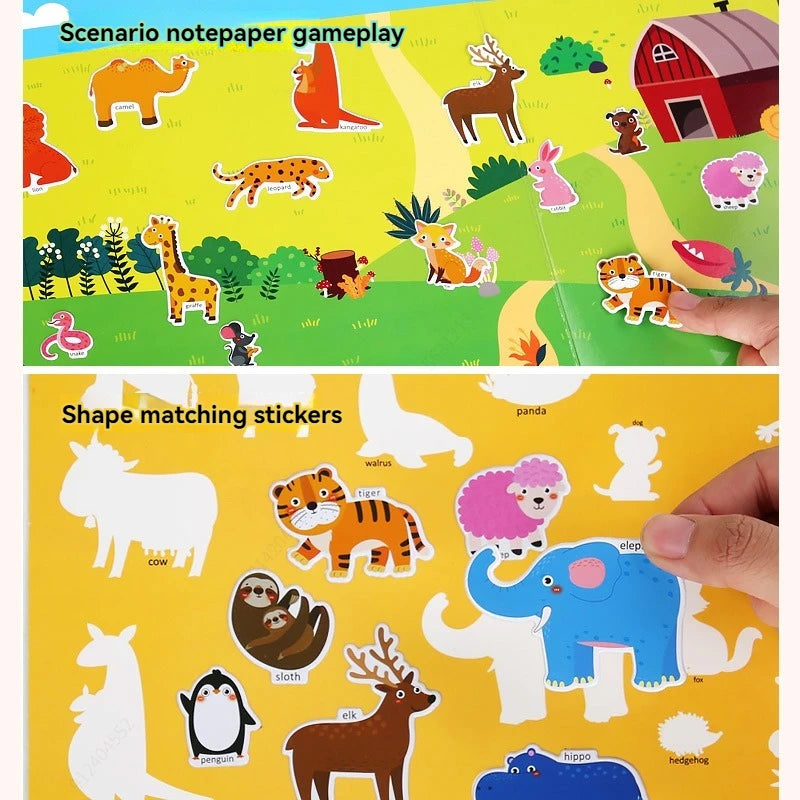 A page from a shape matching sticker book featuring various animal shapes like a giraffe, tiger, elephant, and penguin.